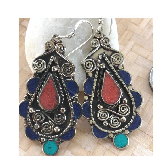 Tibetan Silver Turquoise Lapis Lazuli & Red Coral Dangle Earrings - Picture 1 of 5